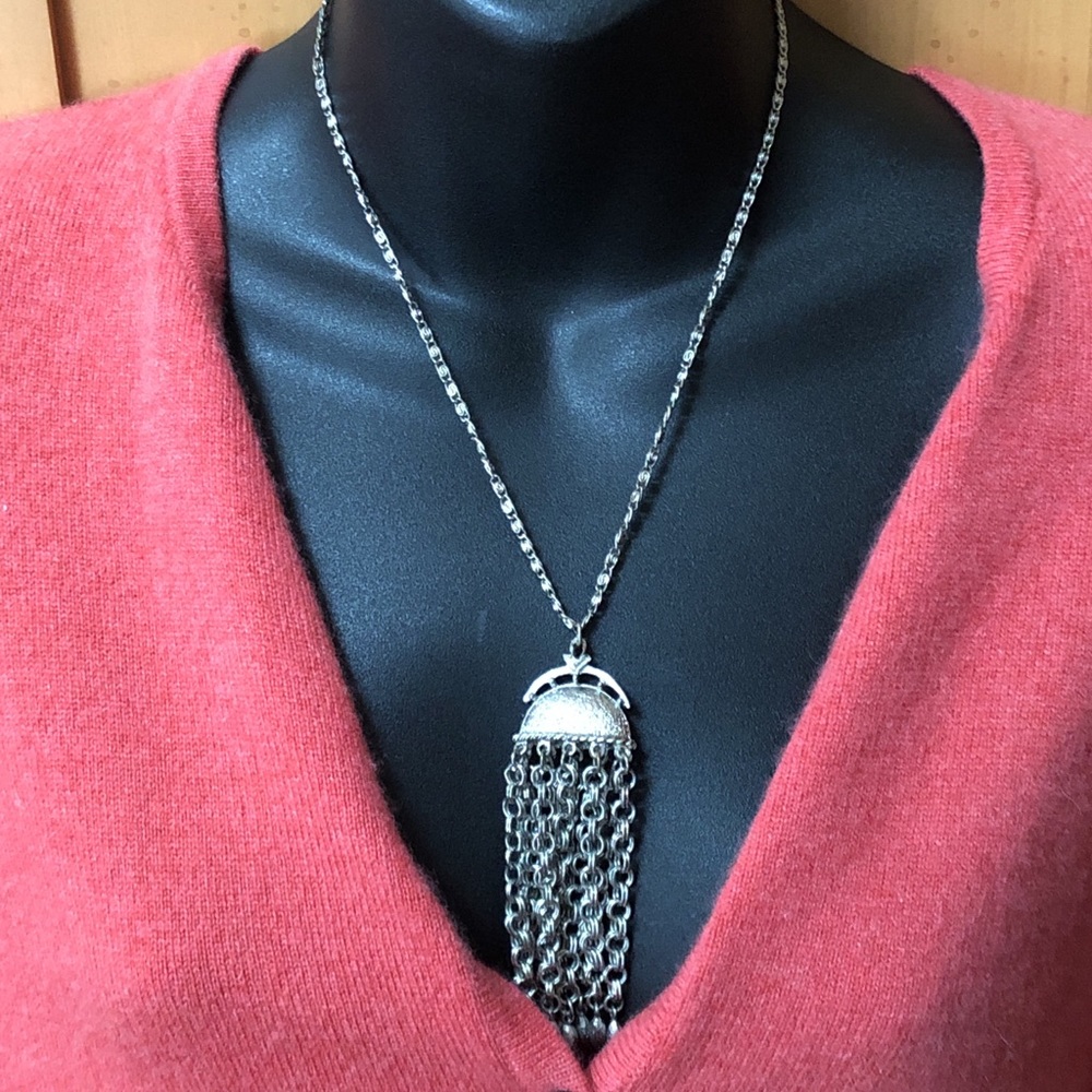 Vintage Silver Statement Drop Chain Dangle Pendan… - image 1